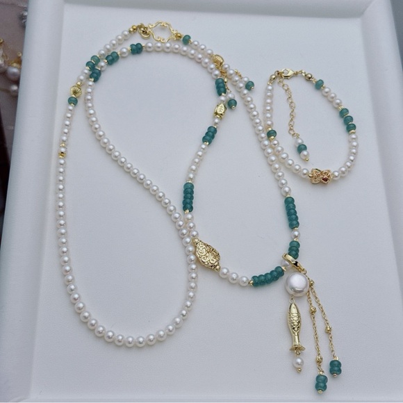 X668 Handmade High Quality Freshwater Pearl Jade Long Necklace and Bracelet Set - Picture 1 of 11